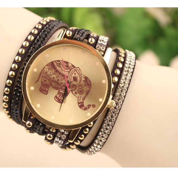 Boho Elephant Quartz Watch with Statement Bracelet Band