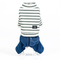 Jeans and Stripes For Everyone.   Doggy Denim Jumpsuit Is Too Cool!